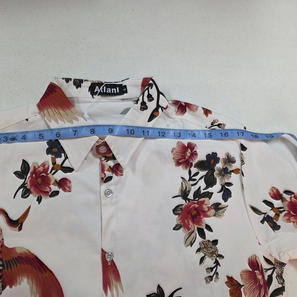 Atlanl Mens Short Sleeve Button Down Shirt White Red Crane Floral Print Size S - Picture 6 of 11